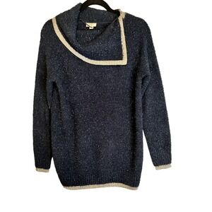 Crown & Ivy Women's Petite Medium Blue with Silver Chenille Cowl Neck Sweater